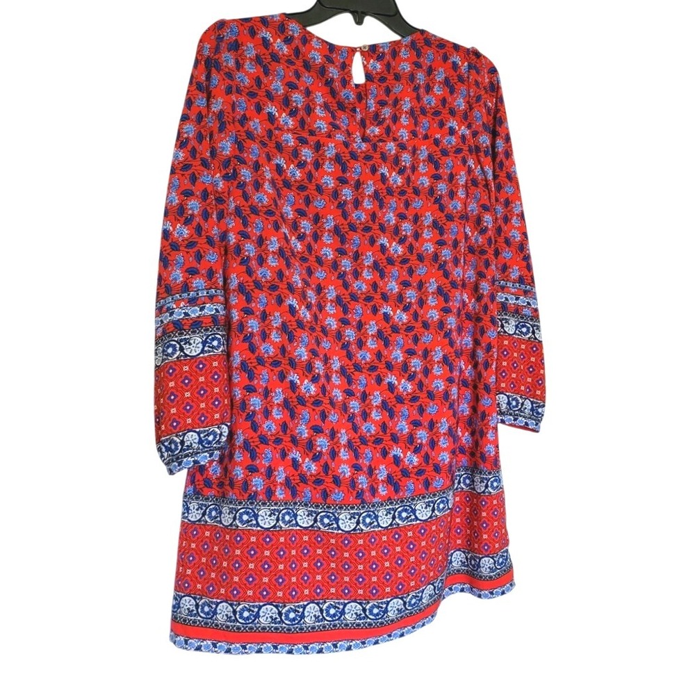 Loft Women Orange Blue Floral Boho Long Puff Sleeve Tie Waist Dress Small Petite - Picture 5 of 11